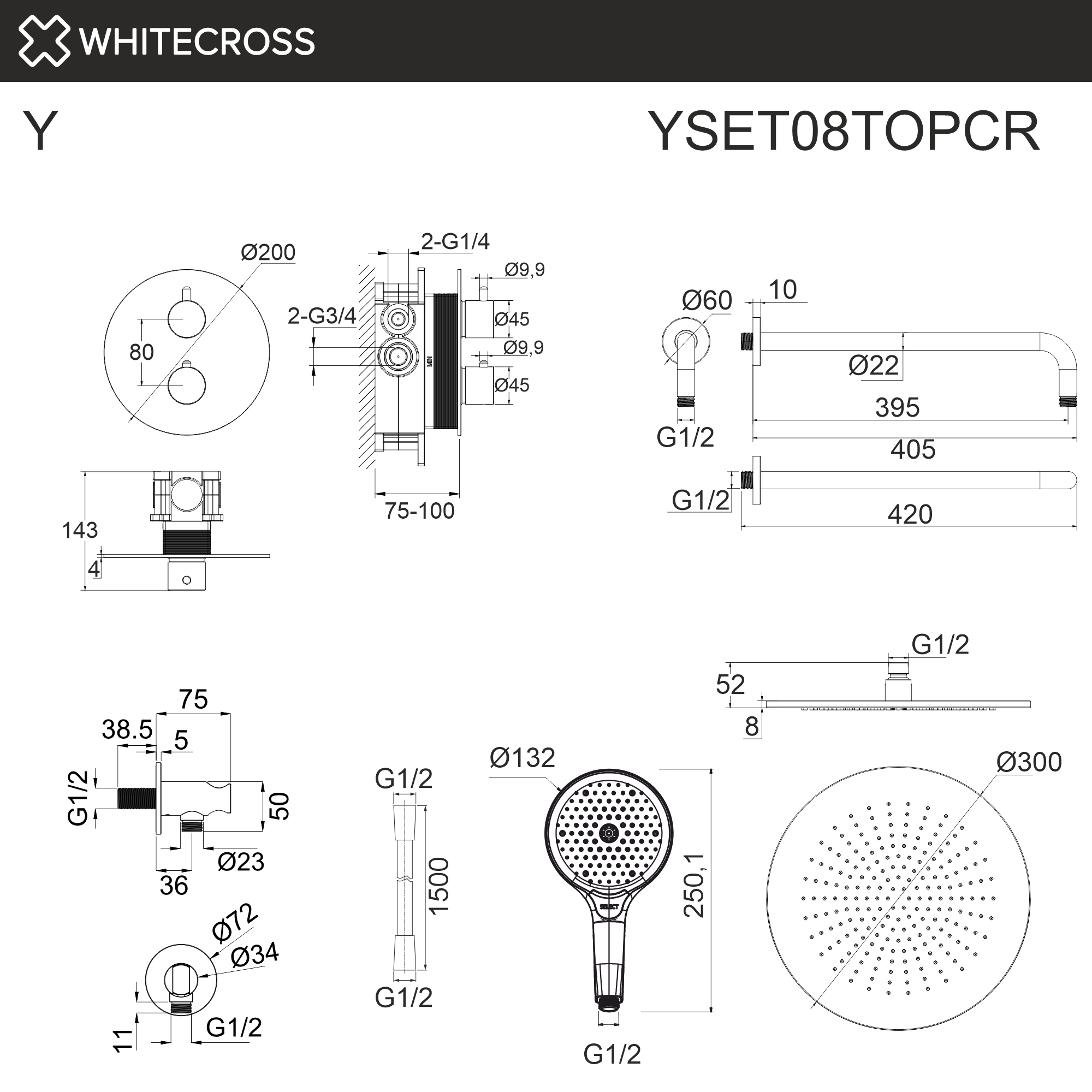 Термостатическая душевая система скрытого монтажа WHITECROSS Y YSET08TOPCR (хром)