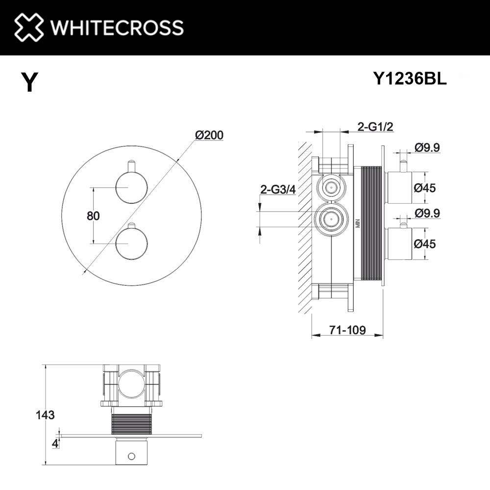 Смеситель термостат скрытого монтажа на 2 потребителя WHITECROSS Y1236BL (черный мат)