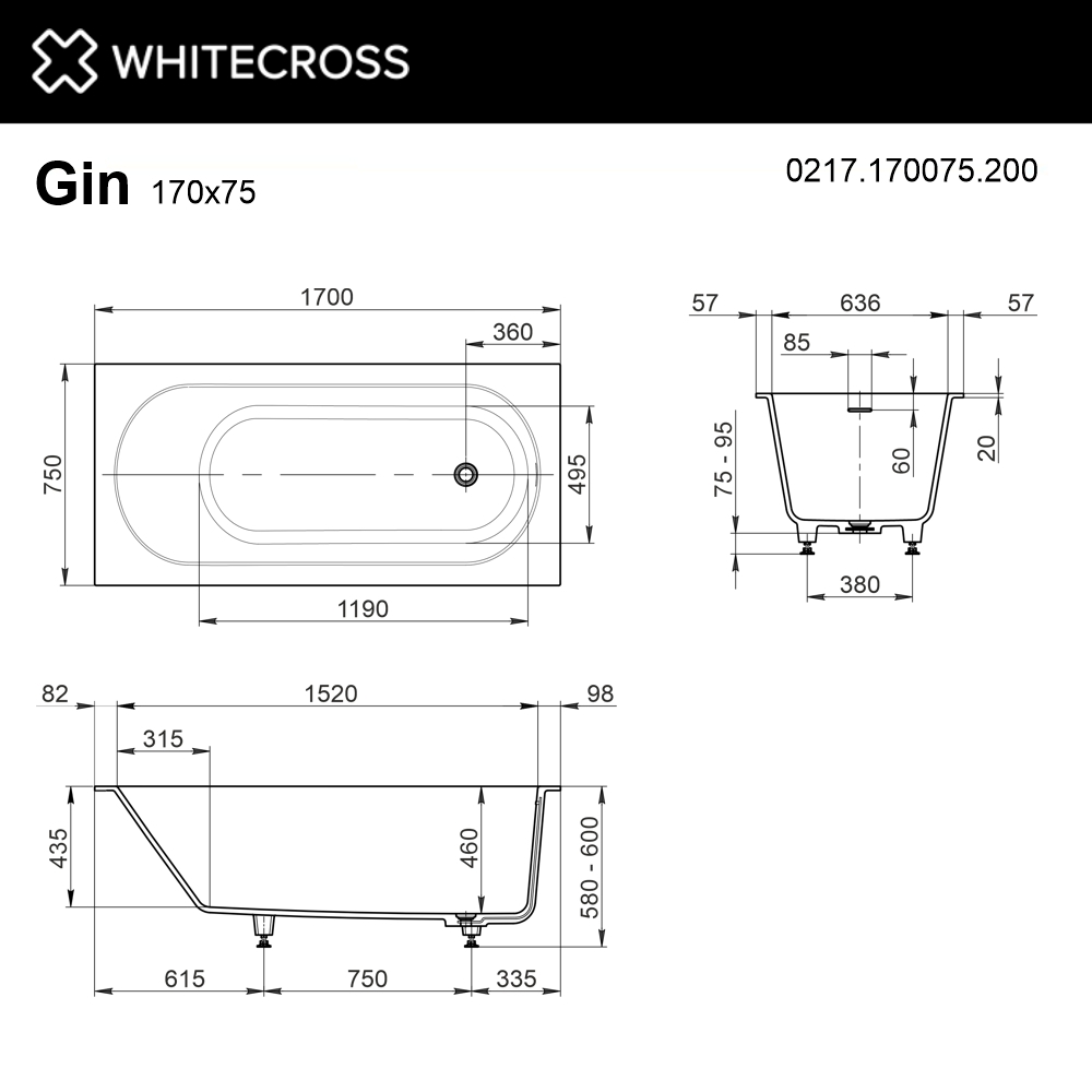 Ванна WHITECROSS Gin 170x75 (белый мат) "SOFT" (белый)