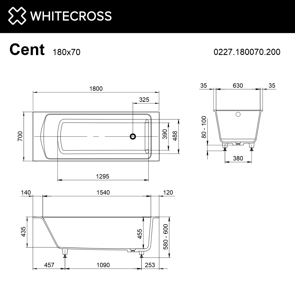 Ванна WHITECROSS Cent 180x70 (белый мат) иск. камень 