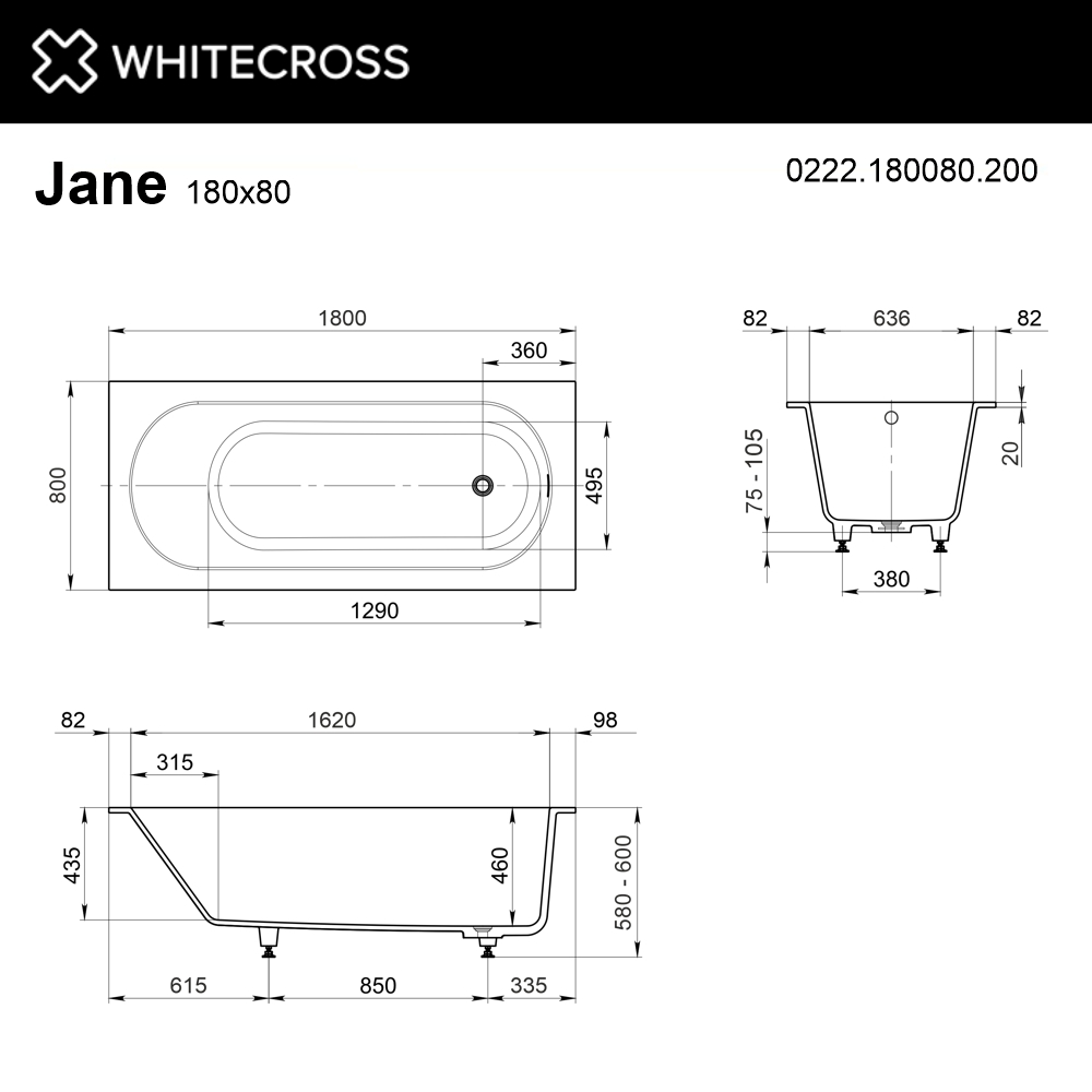 Ванна WHITECROSS Jane 180x80 (белый мат) иск. камень 