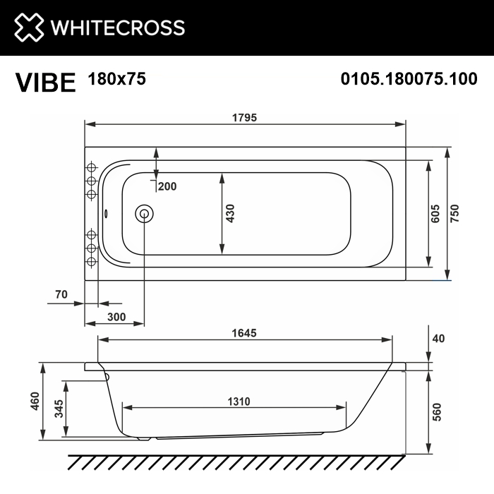Ванна WHITECROSS Vibe 180x75 "RELAX" (хром)