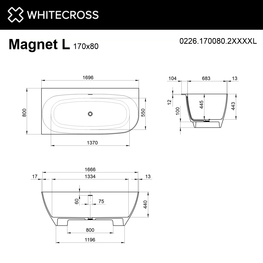 Ванна WHITECROSS Magnet 170x80 L (RAL мат) иск. камень 