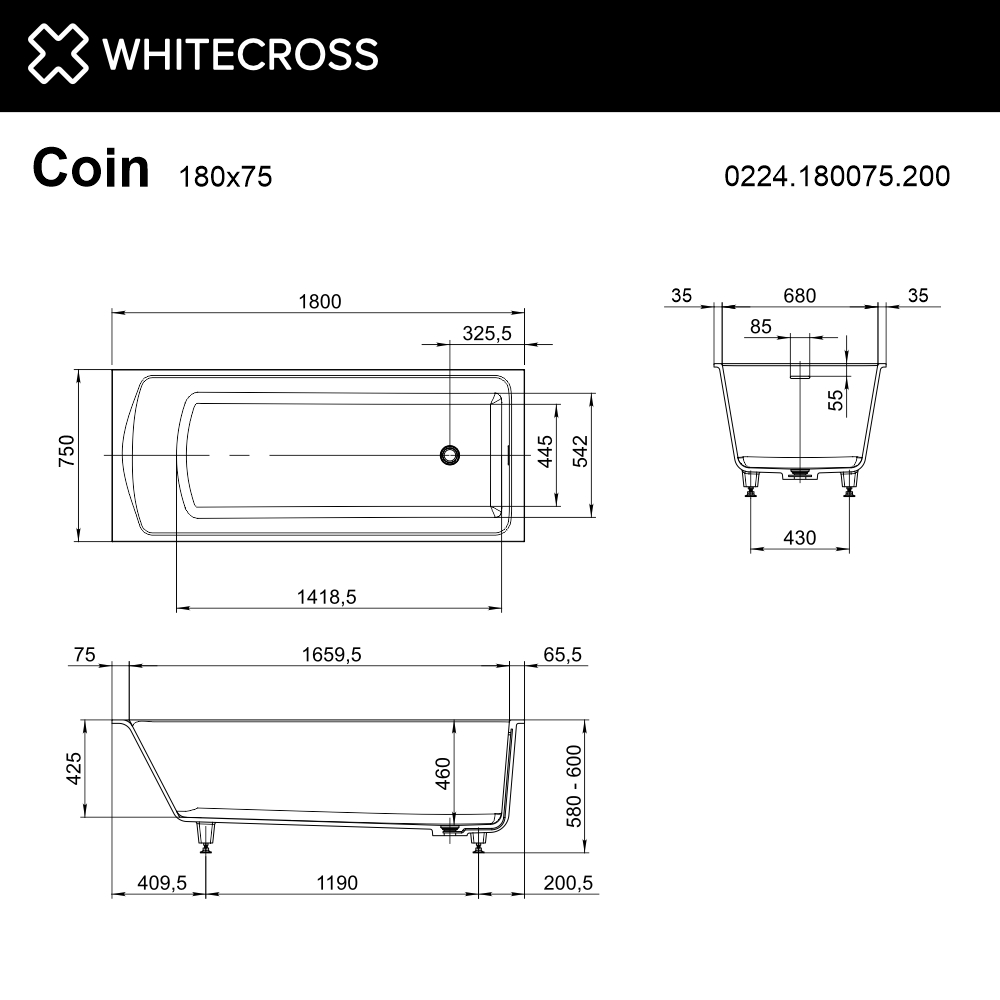 Ванна WHITECROSS Coin 180x75 (белый мат) иск. камень 
