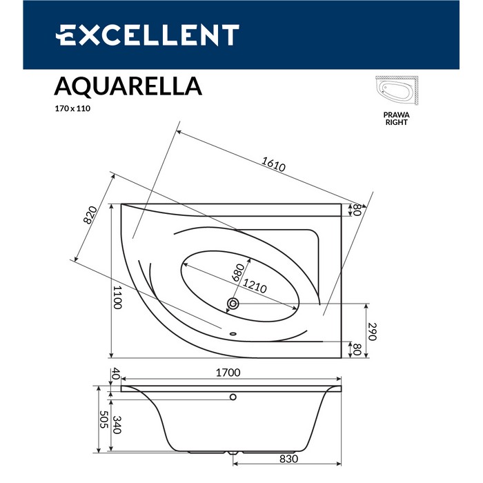 Ванна EXCELLENT Aquarella 170x110 (правая) "SMART" (золото)