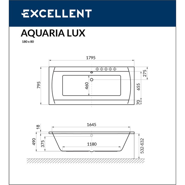 Ванна EXCELLENT Aquaria Lux Slim 180x80 "RELAX" (хром)