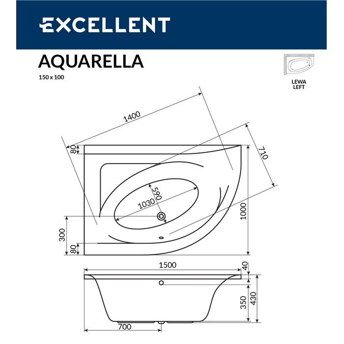 Ванна EXCELLENT Aquarella 150x100 (левая) "SOFT" (золото)