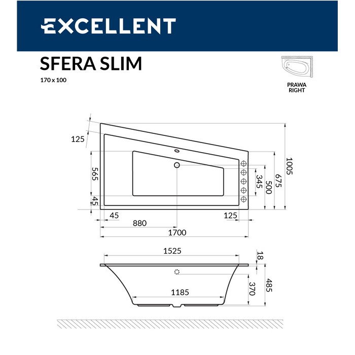 Ванна EXCELLENT Sfera Slim 170x100 (правая) "RELAX" (хром)