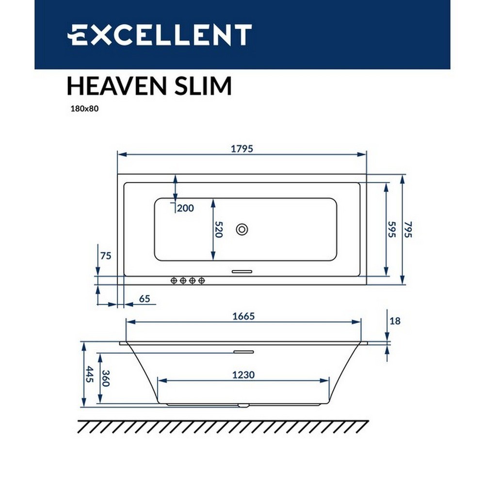 Ванна EXCELLENT Heaven Slim 180x80 "SOFT" (хром)