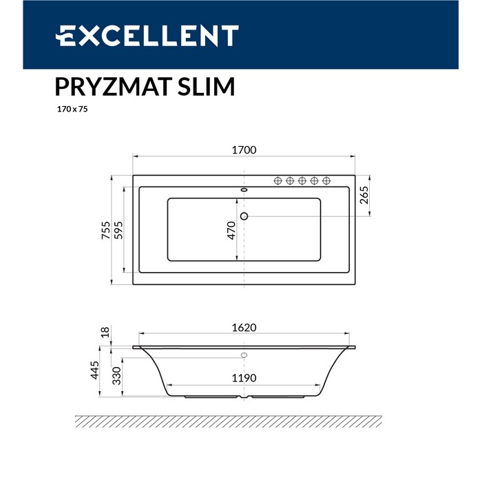 Ванна EXCELLENT Pryzmat Slim 170x75 "SMART" (хром)