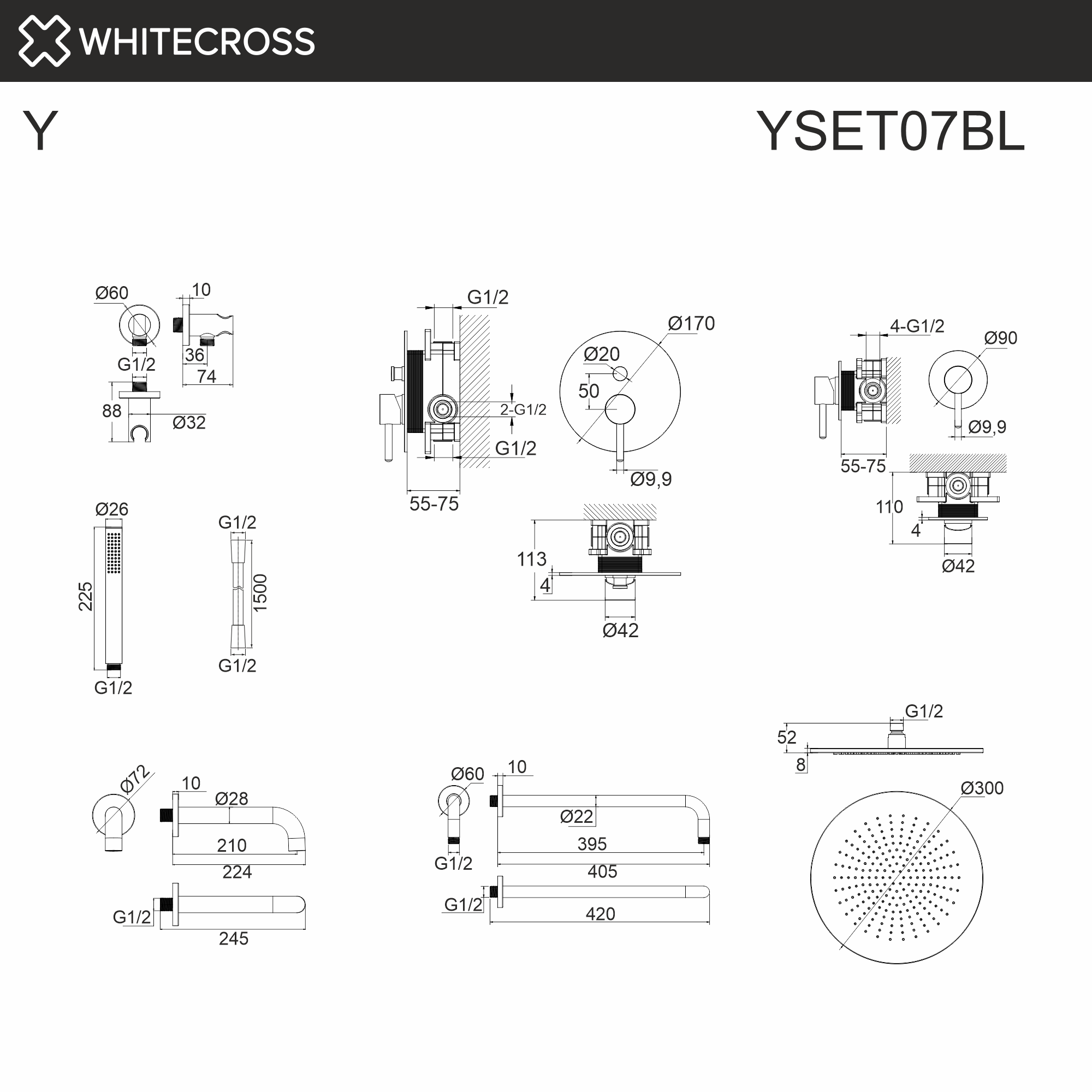 Система для ванны скрытого монтажа WHITECROSS Y YSET07BL (черный мат)