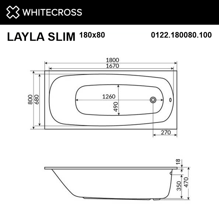 Ванна WHITECROSS Layla Slim 180x80 "RELAX" (хром)