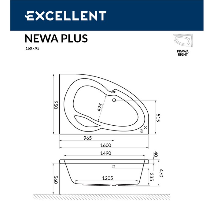 Ванна EXCELLENT Newa 160x95 (правая)  "SMART" (хром)