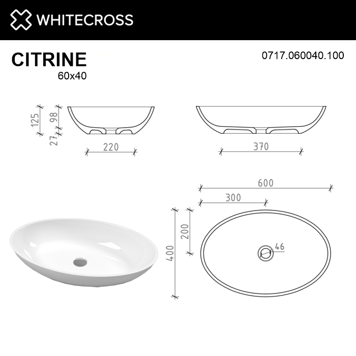 Умывальник WHITECROSS Citrine 60x40 (белый глянец) иск. камень