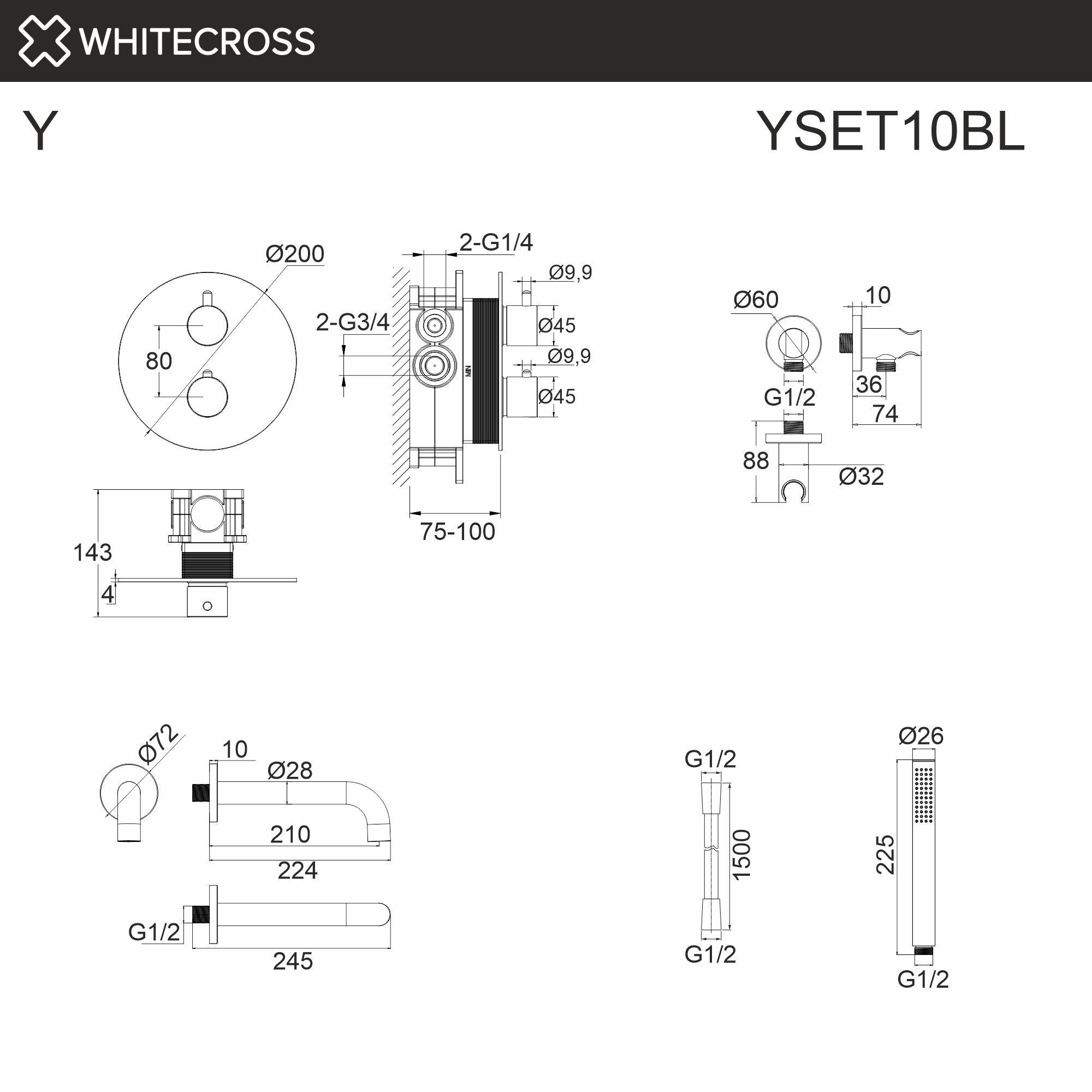 Термостатическая система для ванны скрытого монтажа WHITECROSS Y YSET10BL (черный мат)