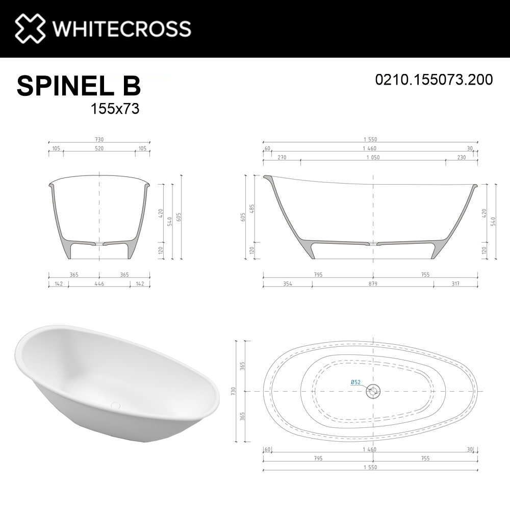 Ванна WHITECROSS Spinel B 155x73 (белый мат) иск. камень 