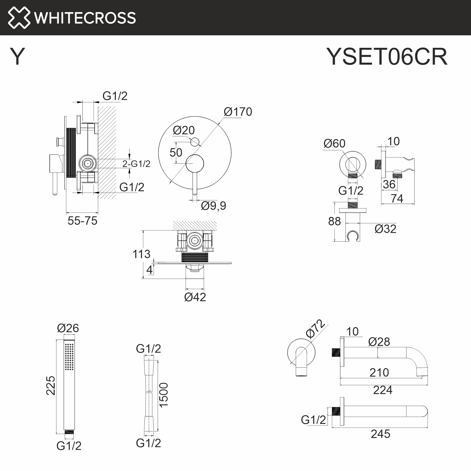 Система для ванны скрытого монтажа WHITECROSS Y YSET06CR (хром)