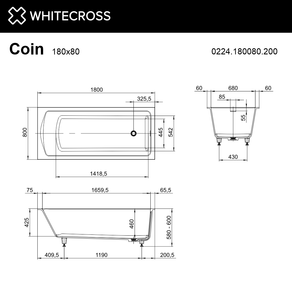 Ванна WHITECROSS Coin 180x80 (белый мат) "LINE" (бронза)