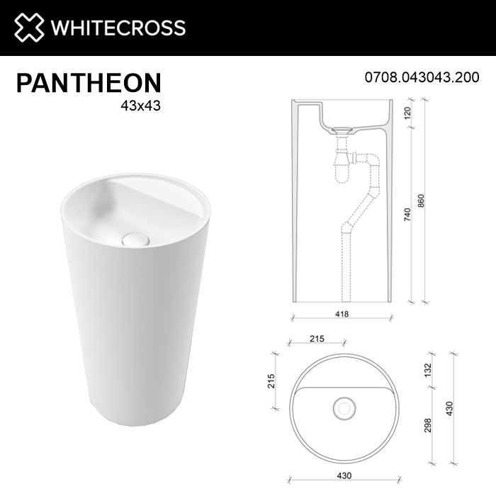 Умывальник WHITECROSS Pantheon D=43 (белый мат) иск. камень