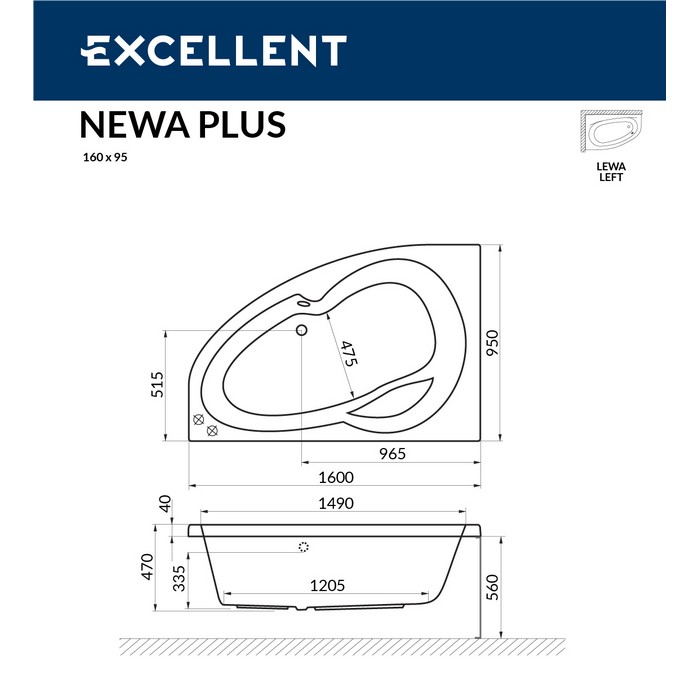 Ванна EXCELLENT Newa 160x95 (левая) "LINE" (хром)