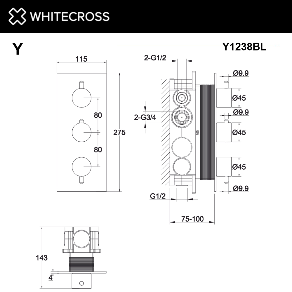Смеситель термостатический для душа скрытого монтажа WHITECROSS Y Y1238BL (черный мат)