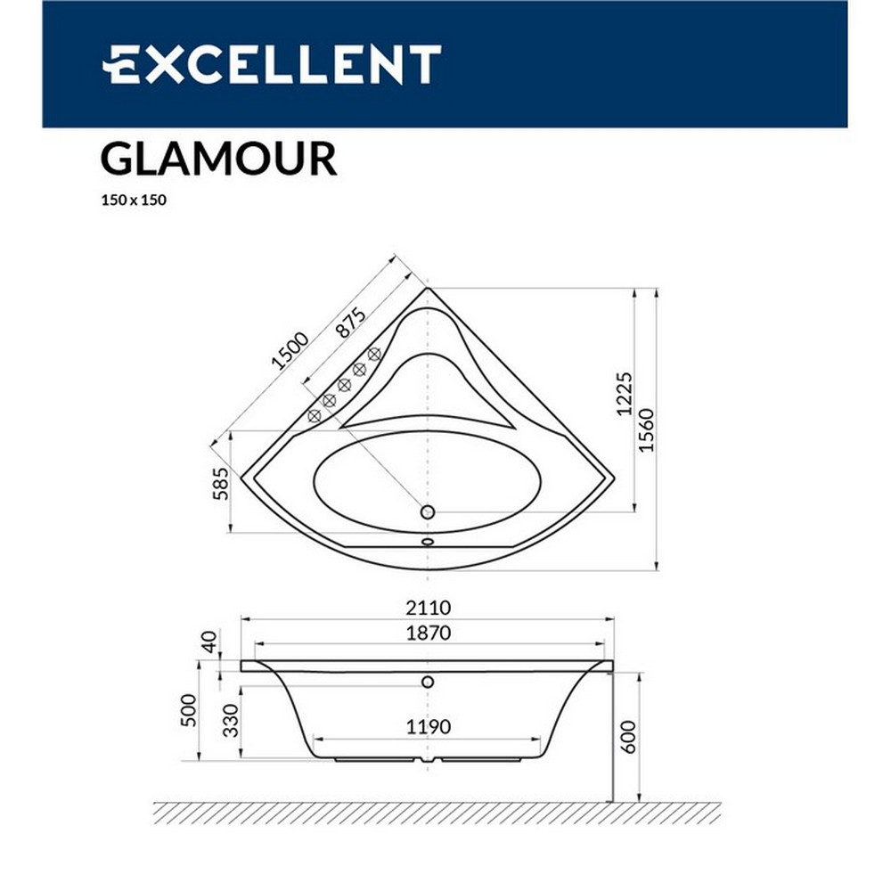 Ванна EXCELLENT Glamour 150x150 "SMART" (золото)