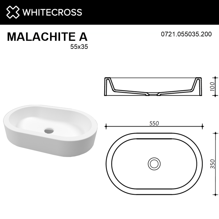 Умывальник WHITECROSS Malachite A 55x35 (белый мат) иск. камень