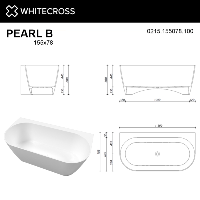 Ванна WHITECROSS Pearl B 155x78 (белый глянец) иск. камень 
