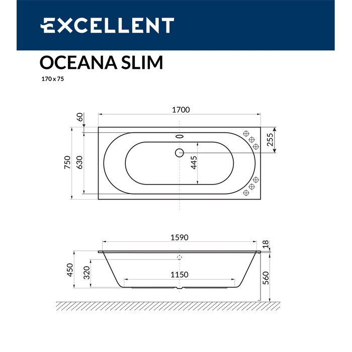 Ванна EXCELLENT Oceana Slim 170x75 "RELAX" (хром)