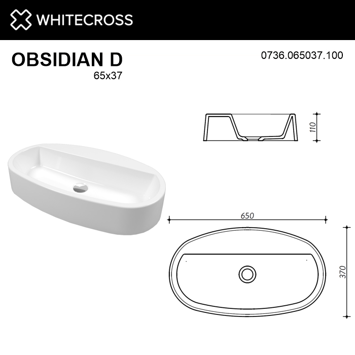Умывальник WHITECROSS Obsidian D 65x37 (белый глянец) иск. камень