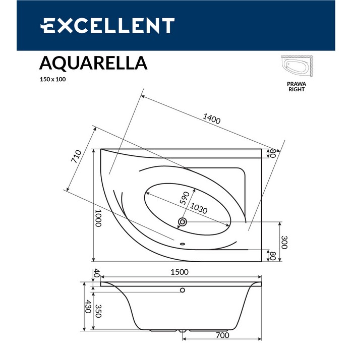 Ванна EXCELLENT Aquarella 150x100 (правая) "SMART" (золото)