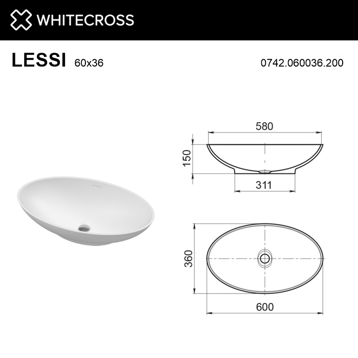 Умывальник WHITECROSS Lessi 60x36 (белый мат) иск. камень