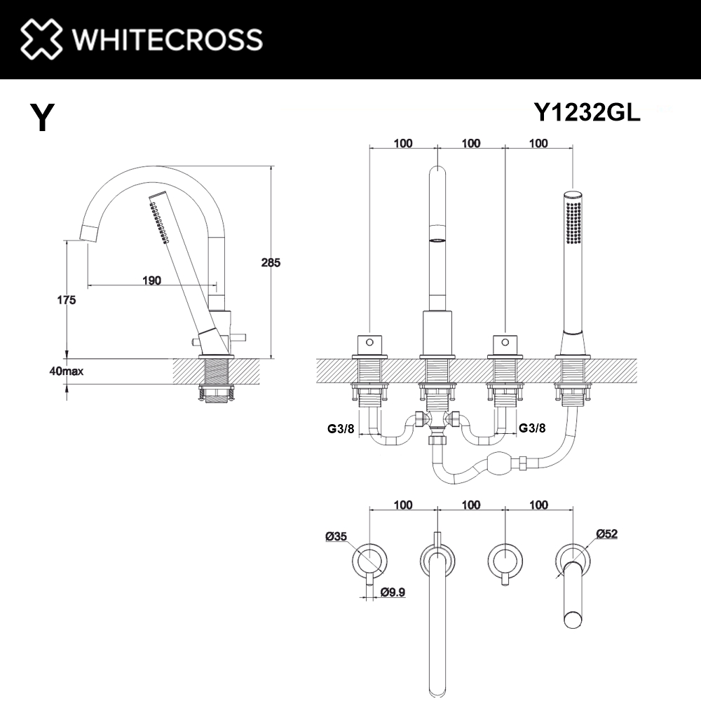 Смеситель для ванны на 4 отверстия WHITECROSS Y Y1232GL (золото)
