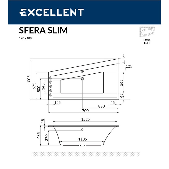 Ванна EXCELLENT Sfera Slim 170x100 (левая) "RELAX" (золото)
