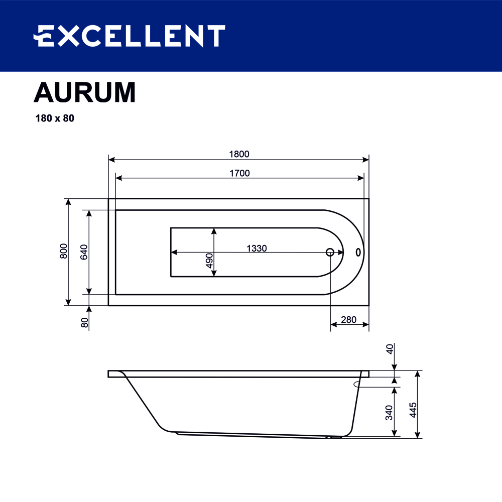 Ванна EXCELLENT Aurum 180x80 "AERO" (хром)