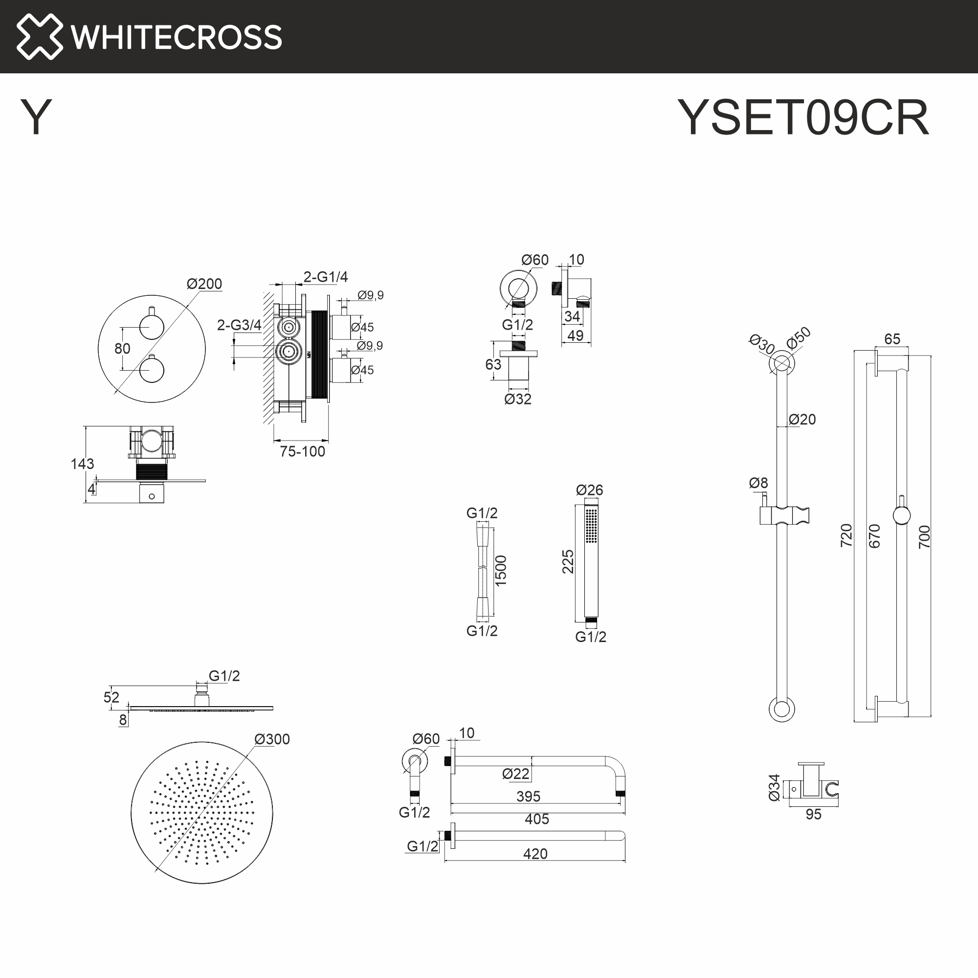 Термостатическая душевая система скрытого монтажа WHITECROSS Y YSET09CR (хром)