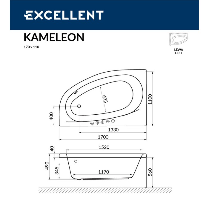 Ванна EXCELLENT Kameleon 170x110 (левая) "RELAX" (хром)