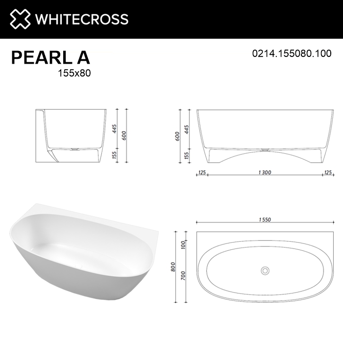 Ванна WHITECROSS Pearl A 155x80 (белый глянец) иск. камень 