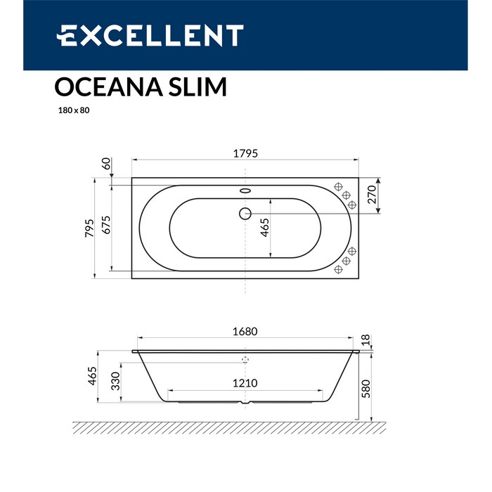 Ванна EXCELLENT Oceana Slim 180x80 "RELAX" (золото)