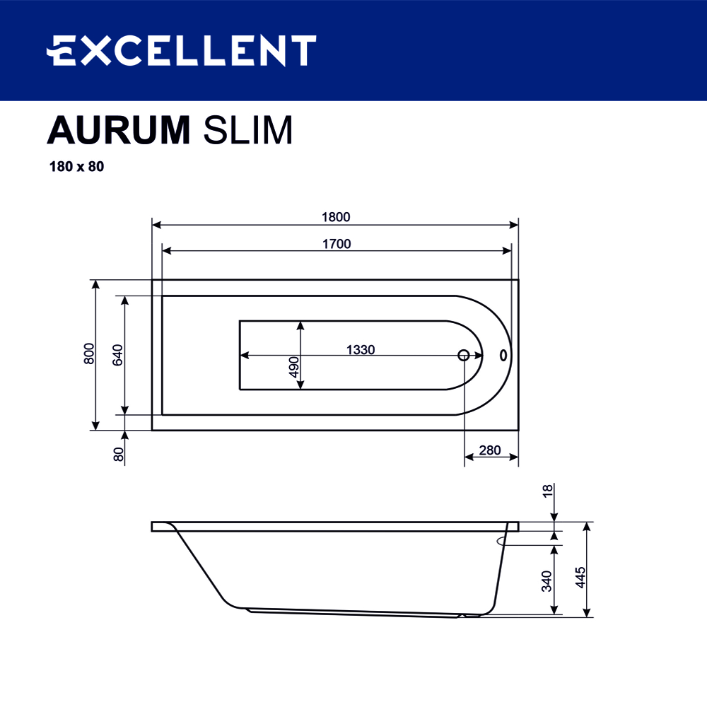 Ванна EXCELLENT Aurum Slim 180x80 "LUX" (хром)