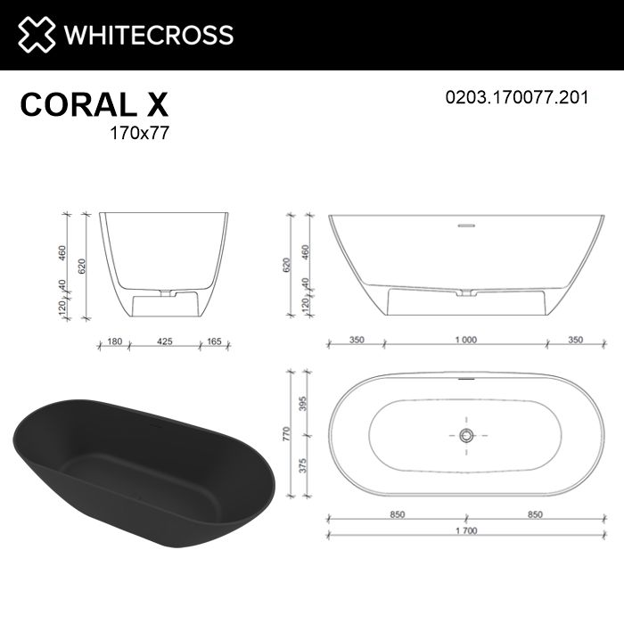 Ванна WHITECROSS Coral X 170x77 (черный мат) иск. камень 