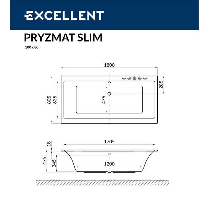 Ванна EXCELLENT Pryzmat Slim 180x80 "SMART" (золото)