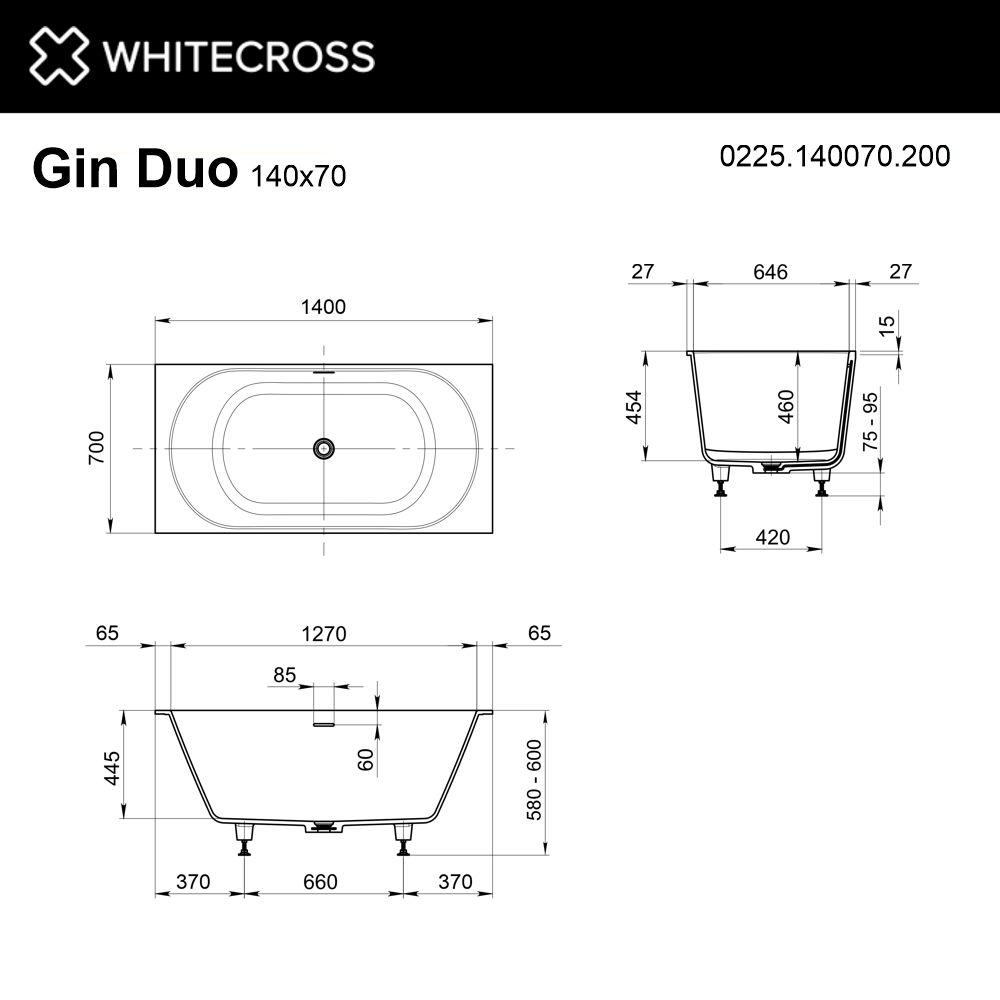 Ванна WHITECROSS Gin Duo 140x70 (белый мат) иск. камень 