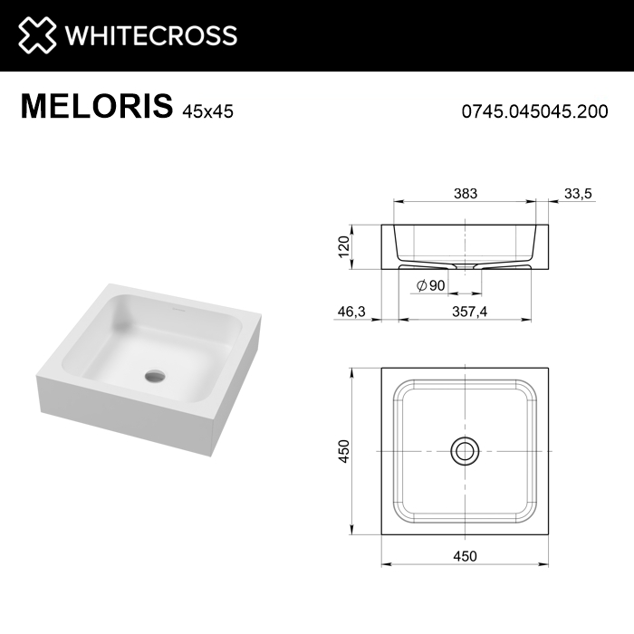 Умывальник WHITECROSS Meloris 45x45 (белый мат) иск. камень
