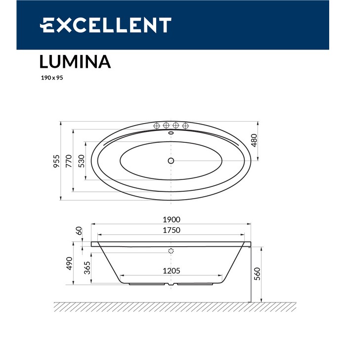 Ванна EXCELLENT Lumina 190x95 "LINE NANO" (хром)