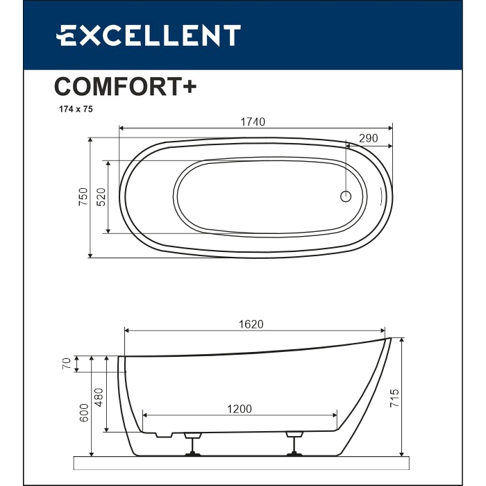 Ванна EXCELLENT Comfort 2.0 175x74 (белая/черная)  