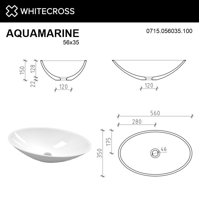 Умывальник WHITECROSS Aquamarine 56x35 (белый глянец) иск. камень