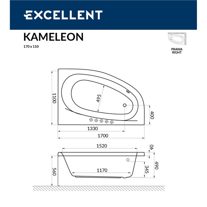Ванна EXCELLENT Kameleon 170x110 (правая) "LINE" (хром)