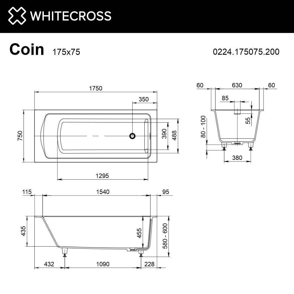 Ванна WHITECROSS Coin 175x75 (белый мат) иск. камень 