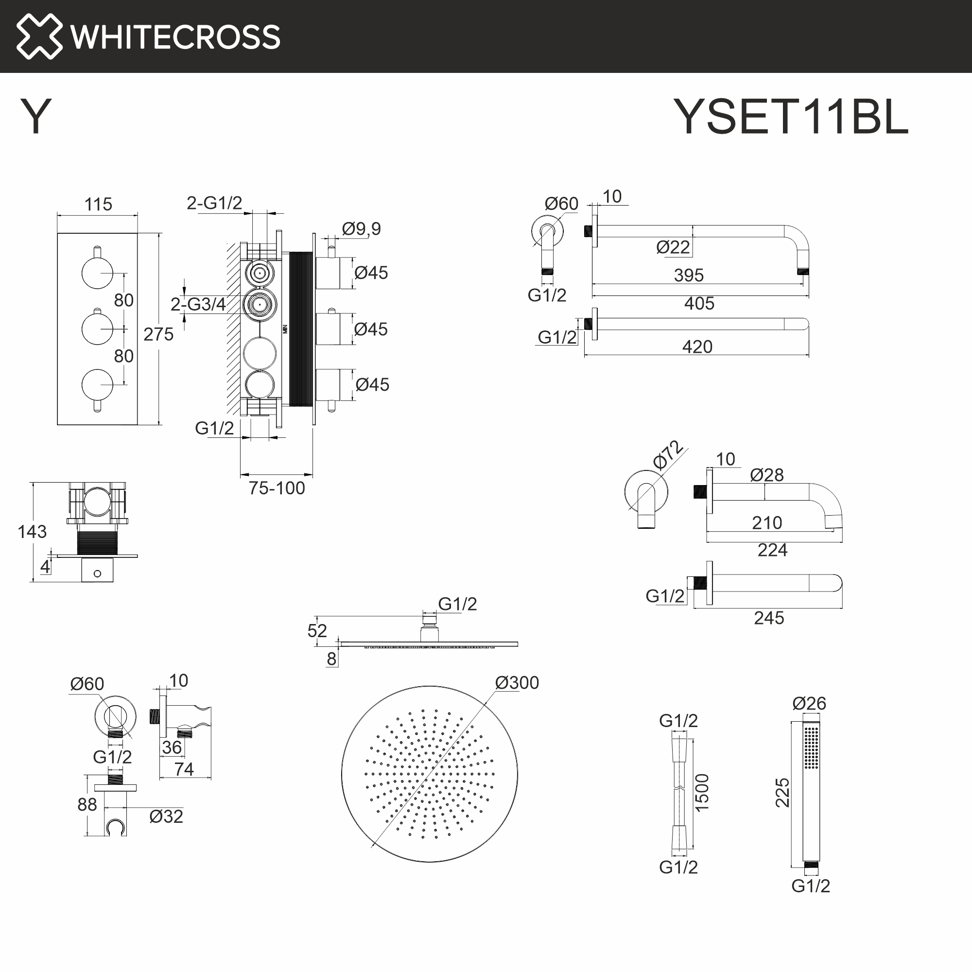Термостатическая система для ванны скрытого монтажа WHITECROSS Y YSET11BL (черный мат)